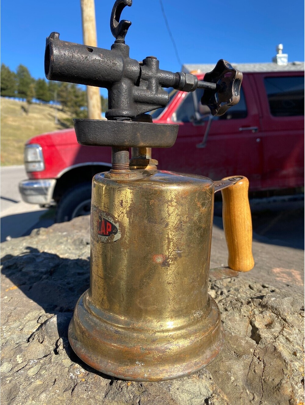Vintage Dunlap Brass Blow Torch Gasoline Torch Wooden Handle Antique Tool